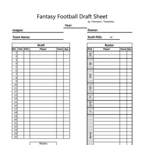 Fantasy Football Draft Day Sheet Template | Etsy