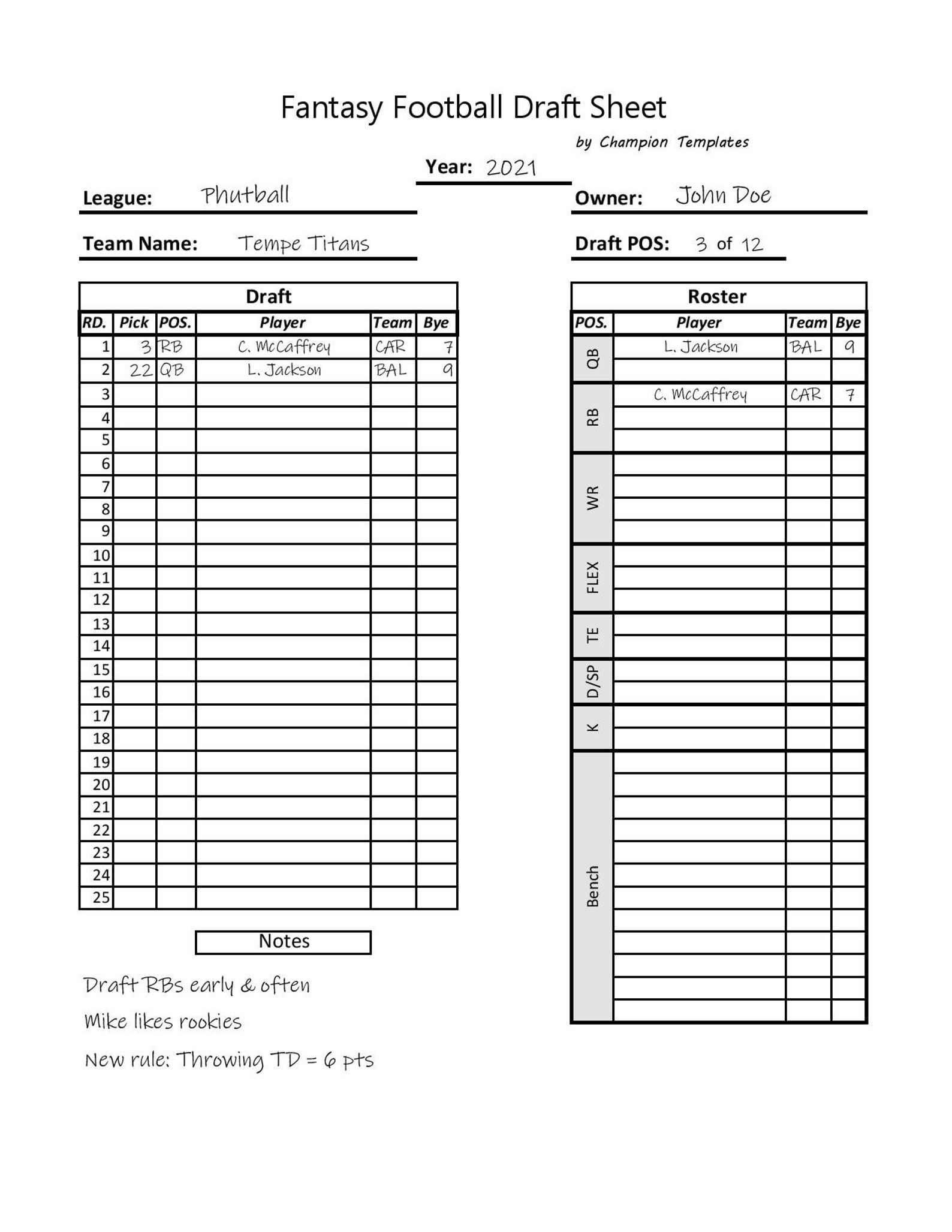 Fantasy Football Draft Day Sheet Template Etsy