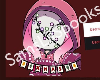 May include: A pink and purple cartoon character with a white mask and a Christmas-themed bandana. The character is wearing a pink hooded sweatshirt and has a white mask with a pattern of connected dots. The bandana has a red and white pattern with the word "XMAS" in white letters. The character is standing on a red background. The image also includes two banners with the text "Username: Testing some icons" and a pink and purple icon.