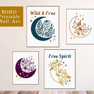 Printable Wall Art, SET OF FOUR, Art Prints, Boho Decor, Boho Wall Art, Boho Moon Wall Art, Bohemian Art Print, Boho Gallery Wall, Bohemian