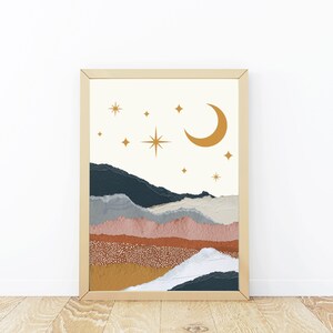 Mountain Landscape Illustration Print, Digital Download Print, Boho Printable Wall Art, Nature Print, Home Wall Decor, Rustic Cabin Decor