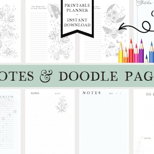 Pu&ograve; includere: Pagine di pianificatore stampabili con un tema fantasioso ispirato alla natura. Le pagine presentano illustrazioni di cristalli, funghi, farfalle e lune. Le pagine sono progettate per prendere appunti, scarabocchiare e liste di cose da fare. Il testo "Pianificatore stampabile - Download istantaneo" &egrave; visibile nella parte superiore centrale dell'immagine.