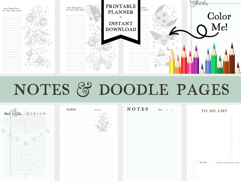 Pu&ograve; includere: Pagine di pianificatore stampabili con un tema fantasioso ispirato alla natura. Le pagine presentano illustrazioni di cristalli, funghi, farfalle e lune. Le pagine sono progettate per prendere appunti, scarabocchiare e liste di cose da fare. Il testo "Pianificatore stampabile - Download istantaneo" &egrave; visibile nella parte superiore centrale dell'immagine.
