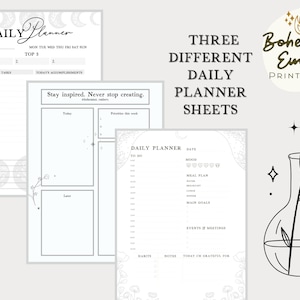 Pu&ograve; includere: Tre fogli di pianificatore giornaliero stampabili con un tema boh&eacute;mien. I fogli presentano un design di luna e stelle, con spazio per compiti quotidiani, liste di cose da fare, piani pasto e note. Il testo "Rimani ispirato. Non smettere mai di creare." &egrave; incluso su uno dei fogli.