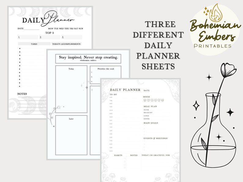 Pu&ograve; includere: Tre fogli di pianificatore giornaliero stampabili con un tema boh&eacute;mien. I fogli presentano un design di luna e stelle, con spazio per compiti quotidiani, liste di cose da fare, piani pasto e note. Il testo "Rimani ispirato. Non smettere mai di creare." &egrave; incluso su uno dei fogli.