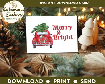 Instant Download Printable Merry and Bright 5x7 Greeting Card, Boho Vintage Pink VW Bug, Holiday Foldable, Christmas Tree Print, PNG and PDF