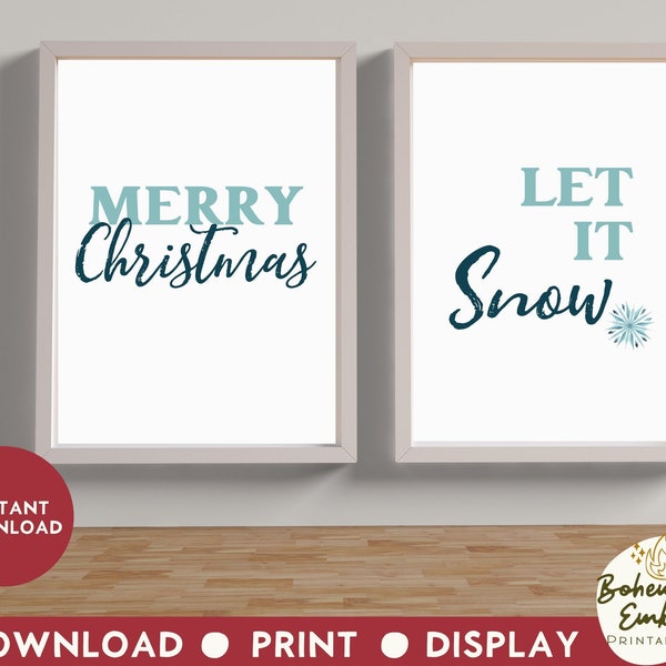 Let it Snow Sign, Merry Christmas, Printable Wall Art, Set of Two Prints, Vintage Teal Decor, Digital Download, Winter Wall Decor