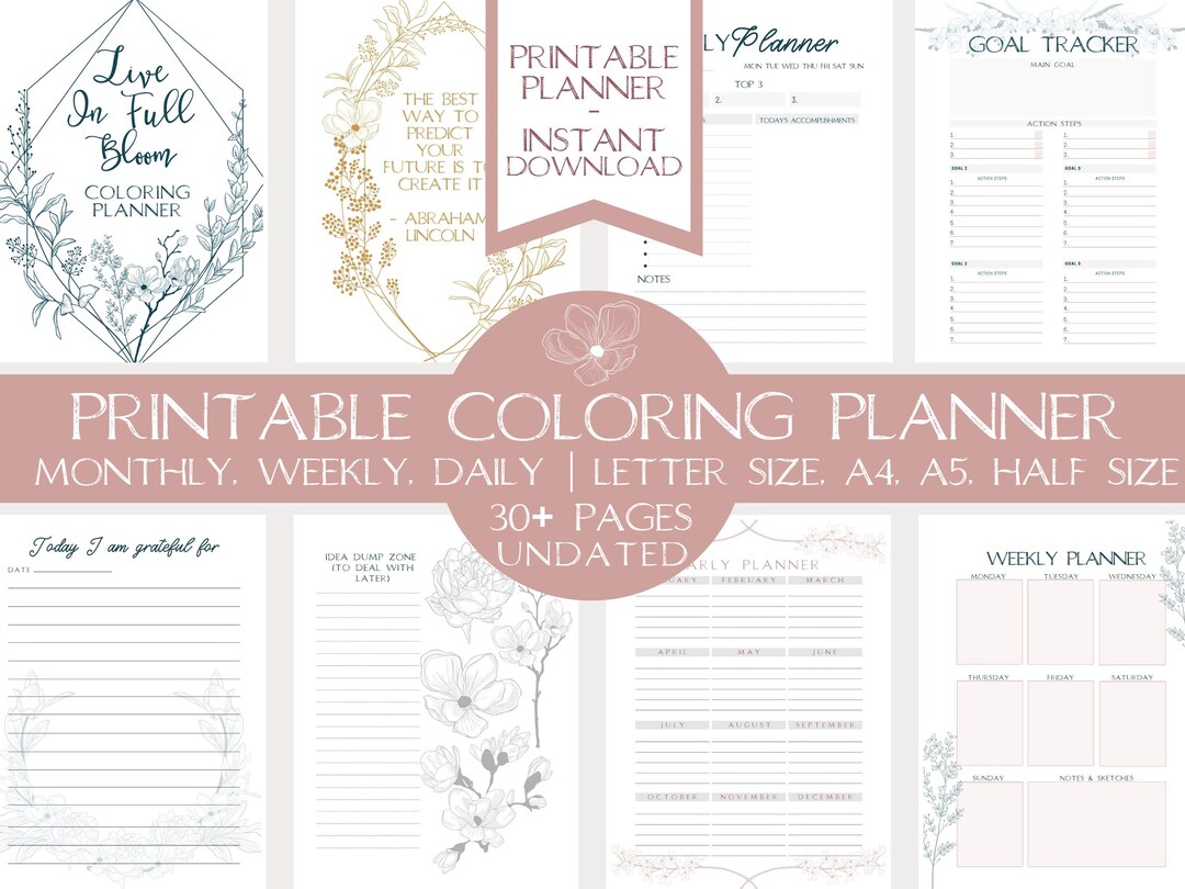 Living in Full Bloom Coloring Planner | Printable Boho Botanical ...