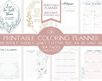 Living in Full Bloom Coloring Planner | Printable Boho Botanical, Undated Monthly Weekly Daily Inserts, A5 A4 US Letter, Creative Pages