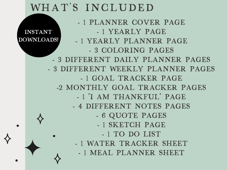 Pu&ograve; includere: Un elenco di controllo del planner stampabile verde chiaro con il testo "WHAT'S INCLUDED" e un elenco di pagine del planner, tra cui la pagina di copertina, le pagine annuali, le pagine del planner giornaliero, le pagine del planner settimanale, le pagine di tracciamento degli obiettivi, le pagine delle note, le pagine delle citazioni, la pagina degli schizzi, la lista di cose da fare, il foglio di tracciamento dell'acqua e il foglio di pianificazione dei pasti.