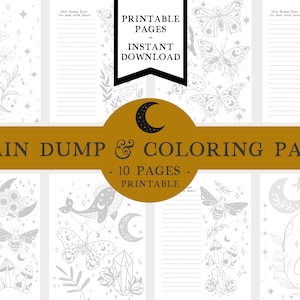 Op de afbeelding: Printbare brain dump- en kleurplaten met een hemels thema. De pagina's bevatten illustraties van manen, sterren, vlinders, kristallen, paddenstoelen en een walvis. De tekst "Brain Dump & Coloring Pages - 10 Pages - Printable" wordt weergegeven op een gouden banner.