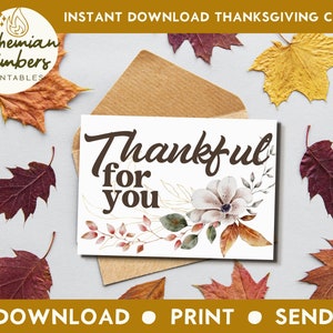 Printable Thanksgiving greeting card Instant download 7x5 inch cards for Thanksgiving, Thanksgiving card download, Watercolor Fall Floral