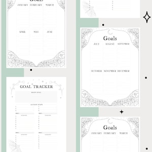 Pu&ograve; includere: Un planner di obiettivi stampabile con un design floreale. Il planner &egrave; diviso in sezioni per ogni mese dell'anno. Il testo "Goals" &egrave; in cima alla pagina.