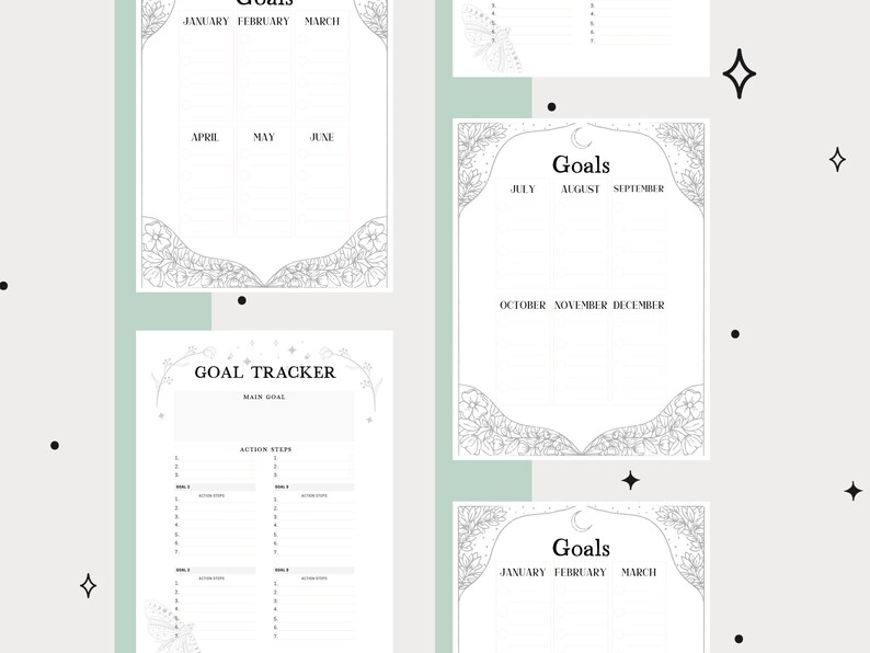 Pu&ograve; includere: Un planner di obiettivi stampabile con un design floreale. Il planner &egrave; diviso in sezioni per ogni mese dell'anno. Il testo "Goals" &egrave; in cima alla pagina.