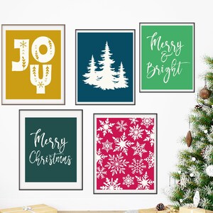 SET OF FIVE, Christmas Bundle Printables, Merry Christmas Sign, Retro Christmas Decor, Merry and Bright Sign, Christmas Joy Wall Art