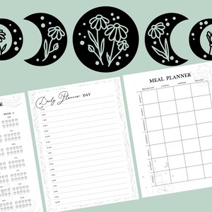 Pu&ograve; includere: Un set di pagine di pianificatore stampabili con un tema floreale e lunare. Le pagine includono un pianificatore giornaliero, un pianificatore dei pasti, un tracker dell'acqua e una pagina vuota per disegnare.