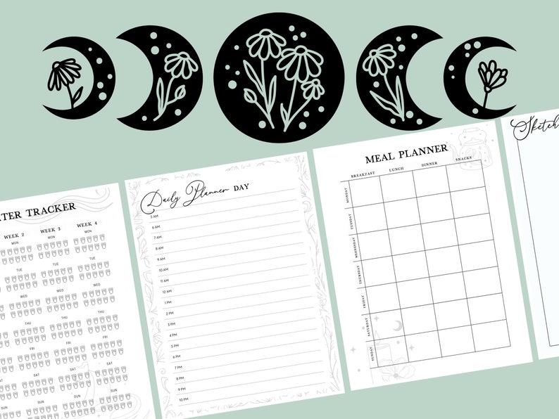 Pu&ograve; includere: Un set di pagine di pianificatore stampabili con un tema floreale e lunare. Le pagine includono un pianificatore giornaliero, un pianificatore dei pasti, un tracker dell'acqua e una pagina vuota per disegnare.