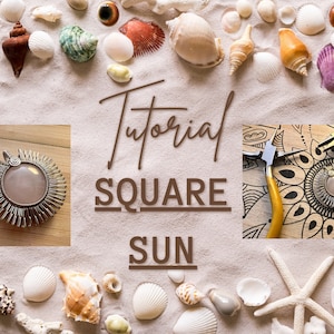 Puede incluir: Un tutorial sobre cómo hacer un colgante de sol cuadrado utilizando técnicas de envoltura de alambre. La imagen muestra un colgante terminado con una piedra rosa en el centro, rodeado de un marco de alambre. La imagen también muestra las herramientas necesarias para el proyecto, incluyendo cortadores de alambre y alicates.
