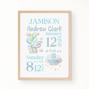 Elephant Nursery Decor Baby Birth Stats Wall Art Birth Details Birth Stat Sign Personalised Newborn Gift