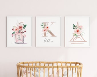 Paris Baby Girl Prints, Nursery Decor, Personalized Name Art (Set of 3) (Digital Download)