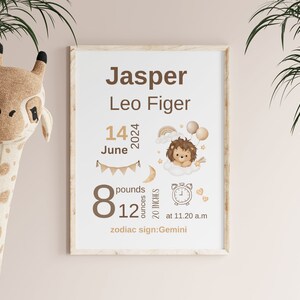 Printable Editable Cute Lion Birth Stat Sign Birth Announcement Stats ...