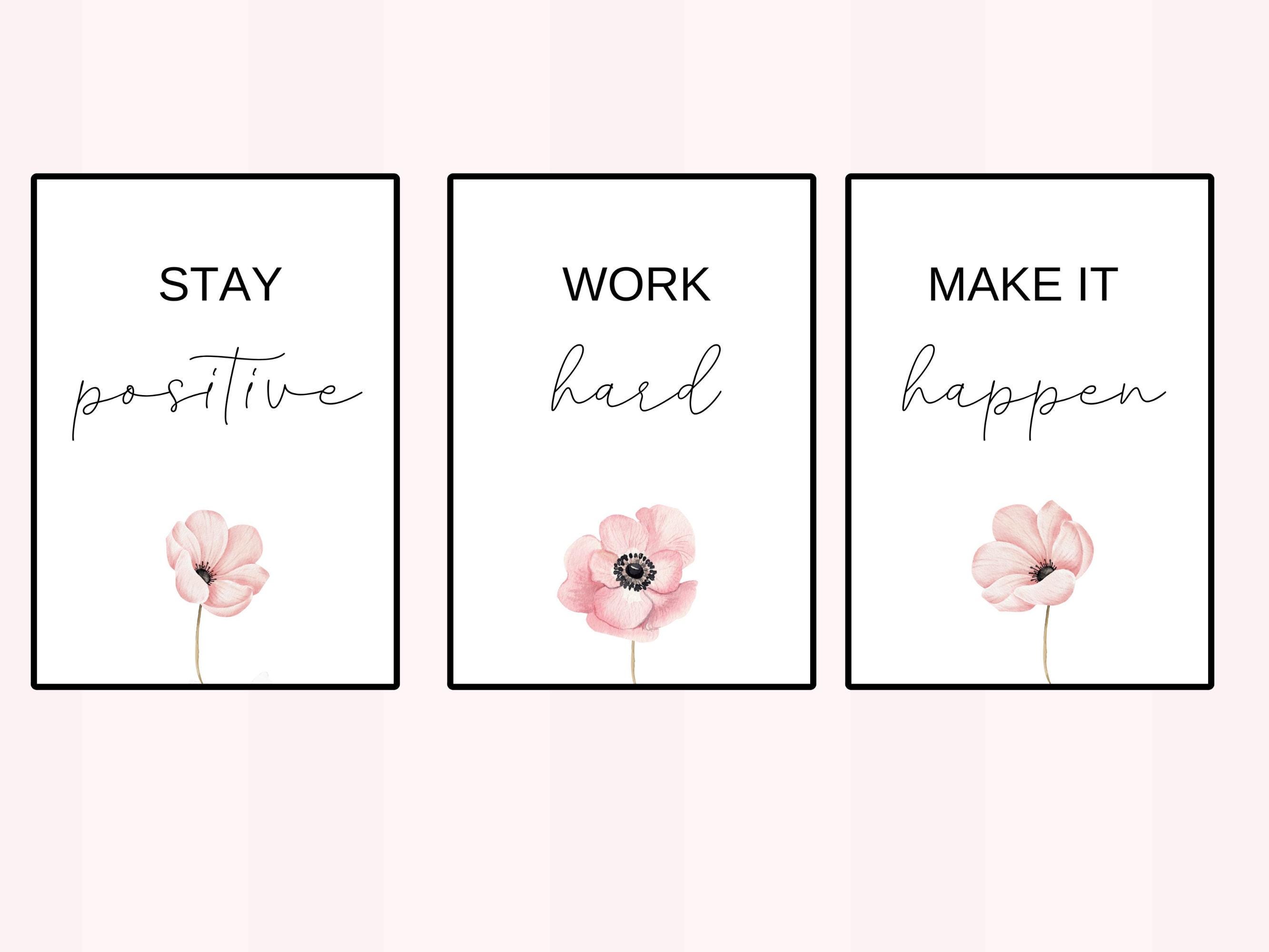 Inspirational Quote Prints (set of 3) Pink Floral Office Decor (digital ...
