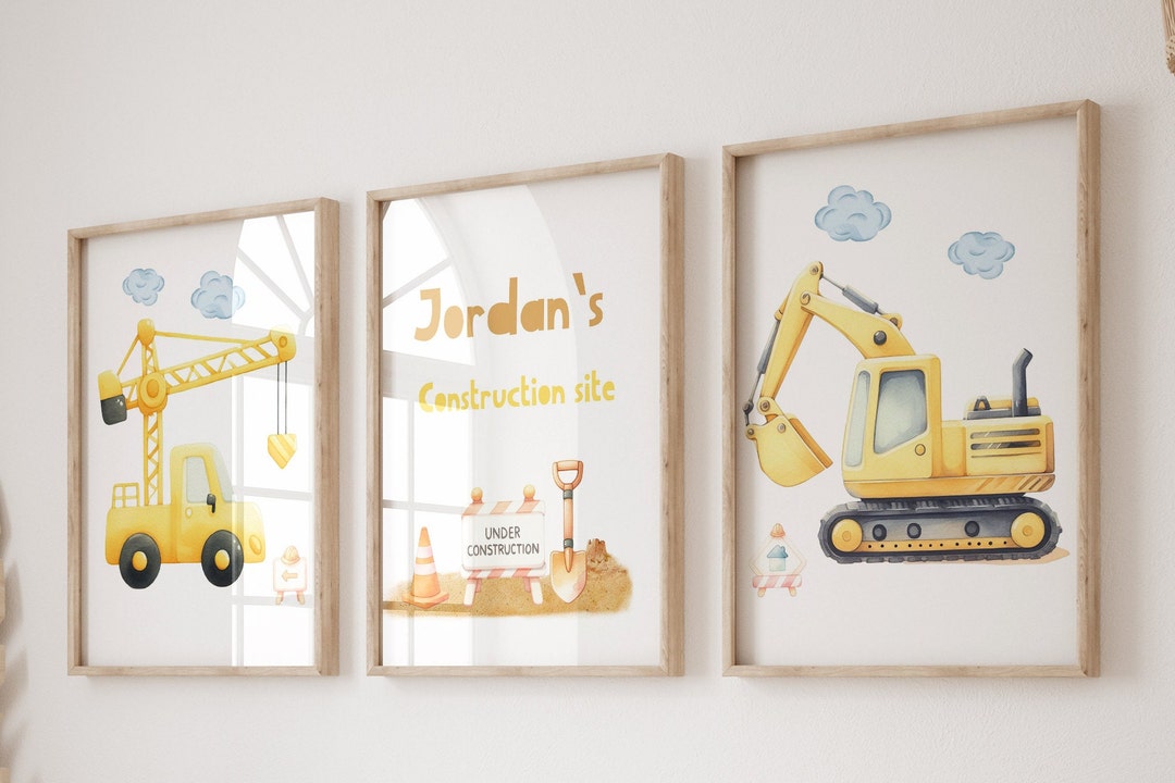 Personalised Construction Wall Decor Set of 3 Kids Room Decor Etsy