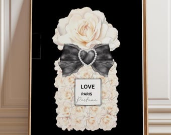 Print op witte rozen parfumflesje, modekunst aan de muur (digitale download)