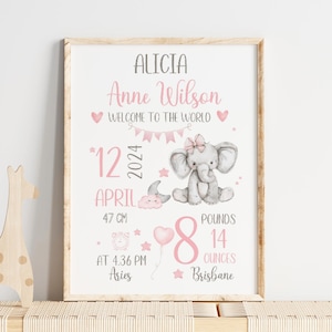 Signo de nacimiento de elefante para niña, imprimible, editable, plantilla de anuncio de nacimiento, descarga digital, regalo para bebé recién nacido