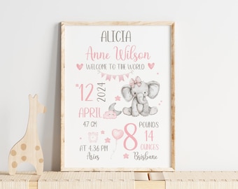 Lámina con las estadísticas de nacimiento de una niña elefante, decoración para la habitación del bebé (descarga digital)