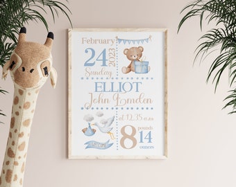 Personalized Teddy Bear Birth Stat Print, Nursery Decor