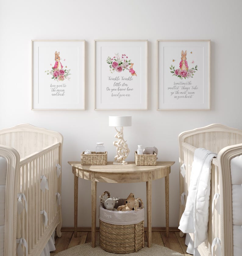 Pink Peter Rabbit Nursery Prints, Floral Girls Room Decor (digital ...