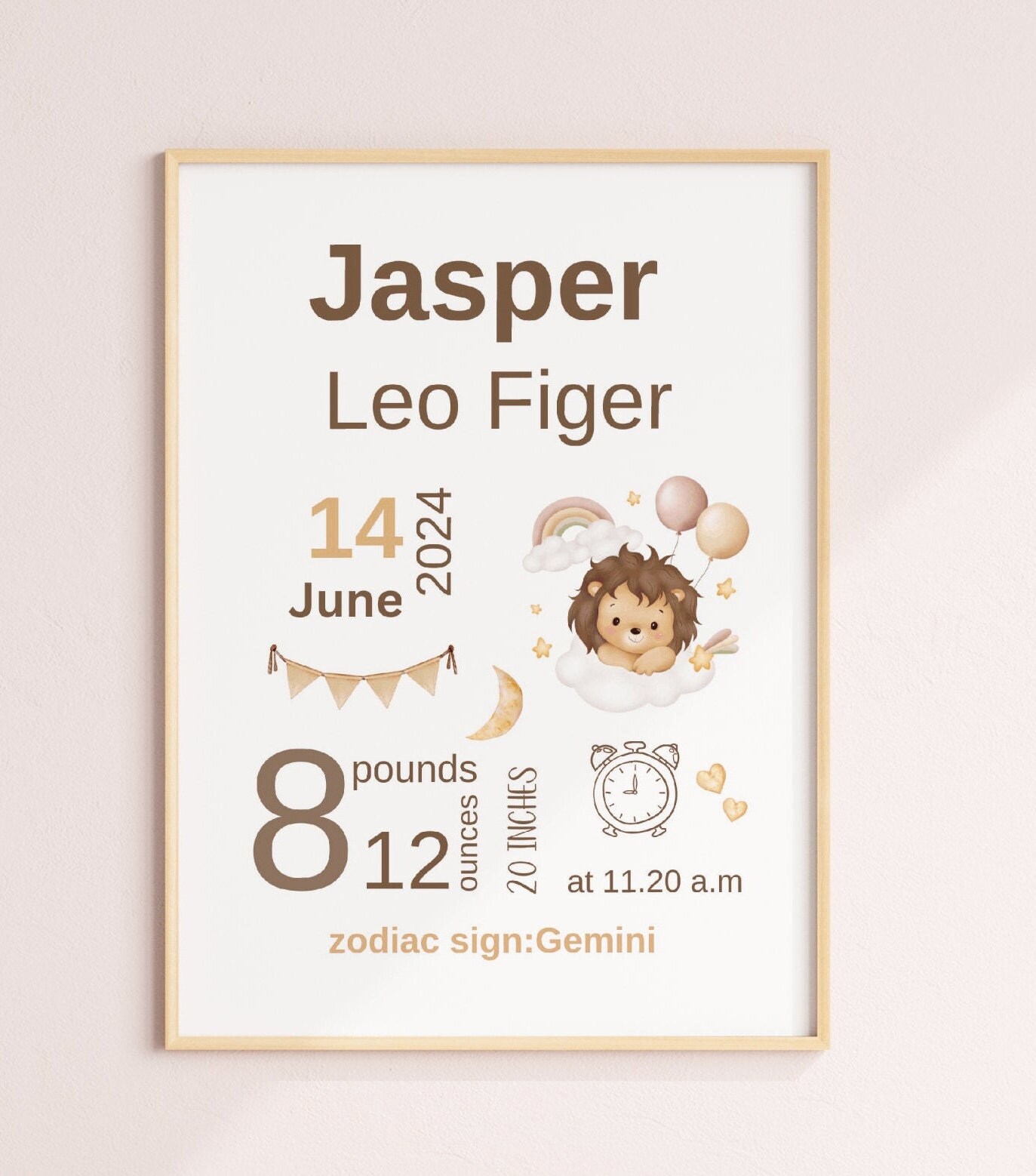 Printable Editable Cute Lion Birth Stat Sign Birth Announcement Stats ...