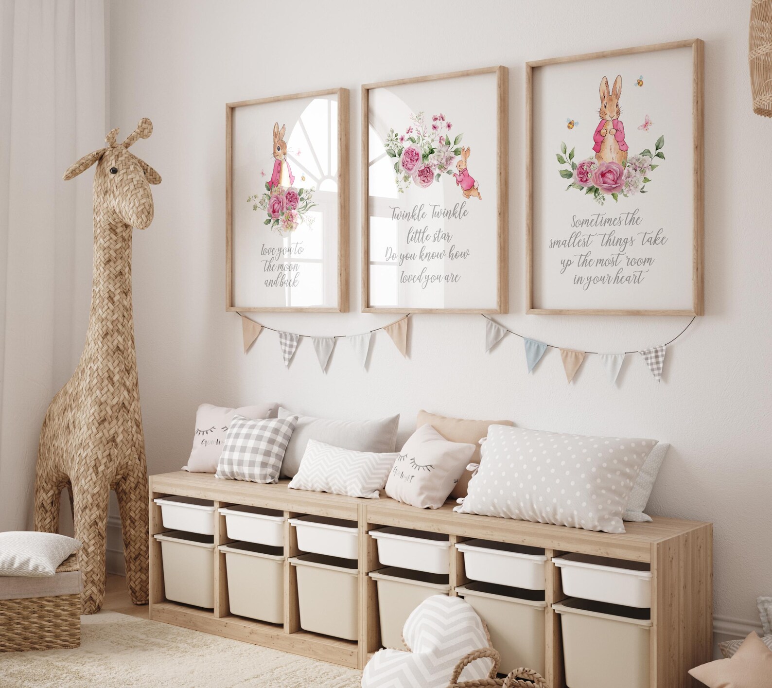 Pink Peter Rabbit Nursery Prints, Floral Girls Room Decor (digital ...