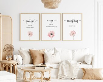 Grateful Floral Prints Set, Family Quote Wall Art (Digital Download)