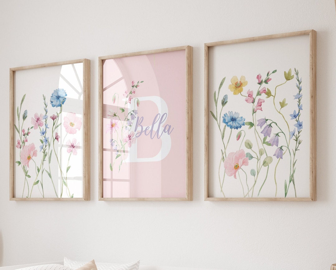 Set of 3 Personalised Wildflower Nursery Print Floral Nursery Decor ...