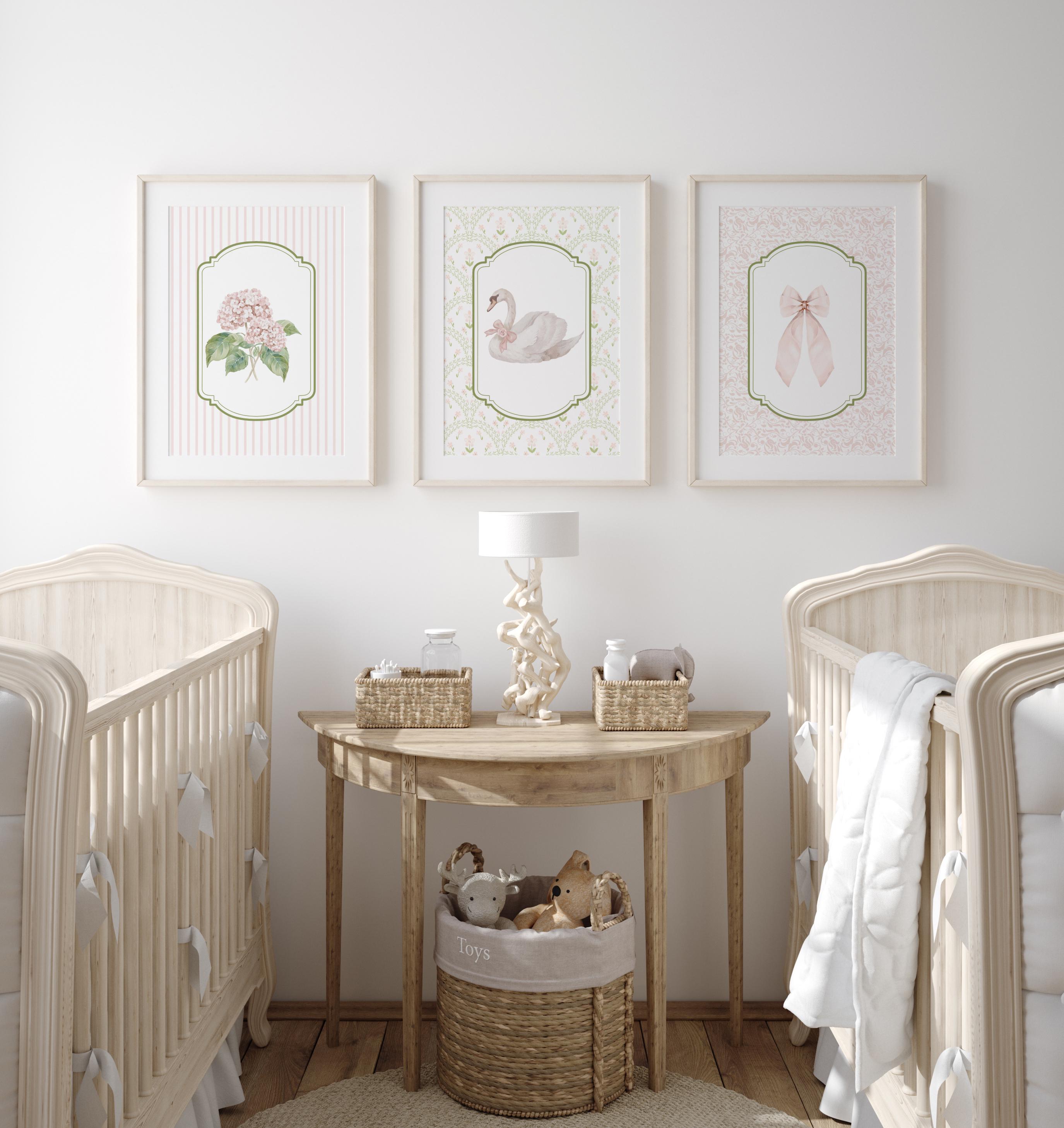 Pink Hydrangea Swan Nursery Print Girls Room Wall Art Soft Pastel Baby ...