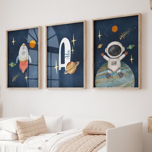Set of 3 Personalised Space Nursery Decor Astronaut Bouys Room Printable Wal Art Space Prints Watercolour Planets Rockets Posters