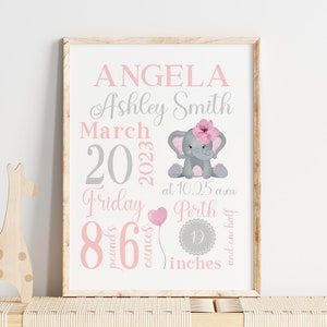 Cute Elephant Baby Birth Stat Wall Art Nursery Decor Baby Birth Stat Sign Baby Girl Nursery Decor Newborn Gift