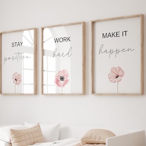 Inspirational Quote Prints (Set of 3) Pink Floral Office Decor (Digital Download)