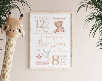 Personalized Teddy Bear Birth Stats Print, Baby Girl Nursery Decor