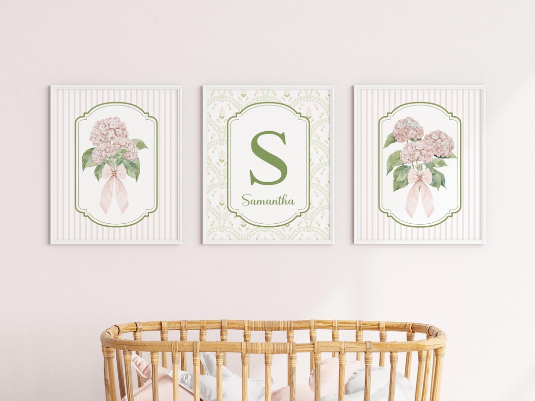 Personalised Pink Hydrangea Nursery Decor Floral Custom Prints Baby ...