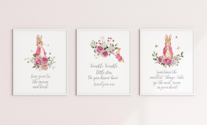 Pink Peter Rabbit Nursery Prints, Floral Girls Room Decor (digital ...