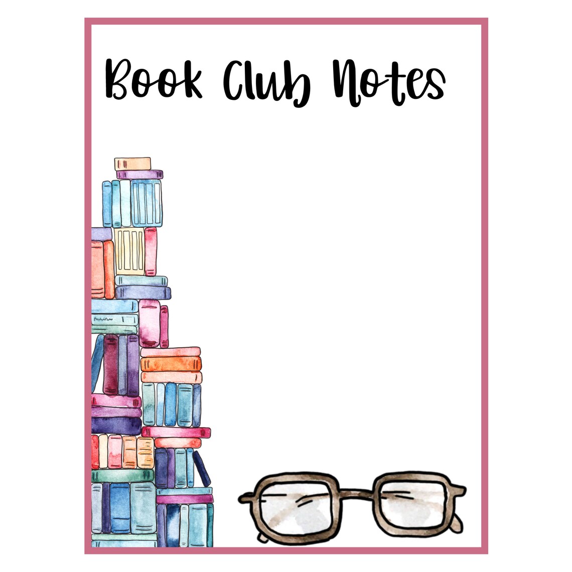 Book Club Notes Paper, Book Stacks, Glasses, Writing, Reading - Etsy