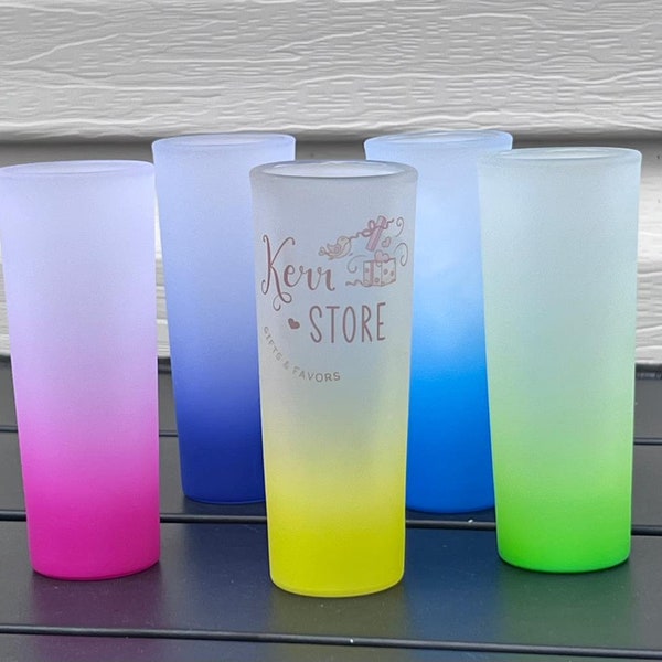 Colored frosted shot glasses 3oz. Perfect for any party or celebration, wedding, 21birhtday, rehearsal dinner.