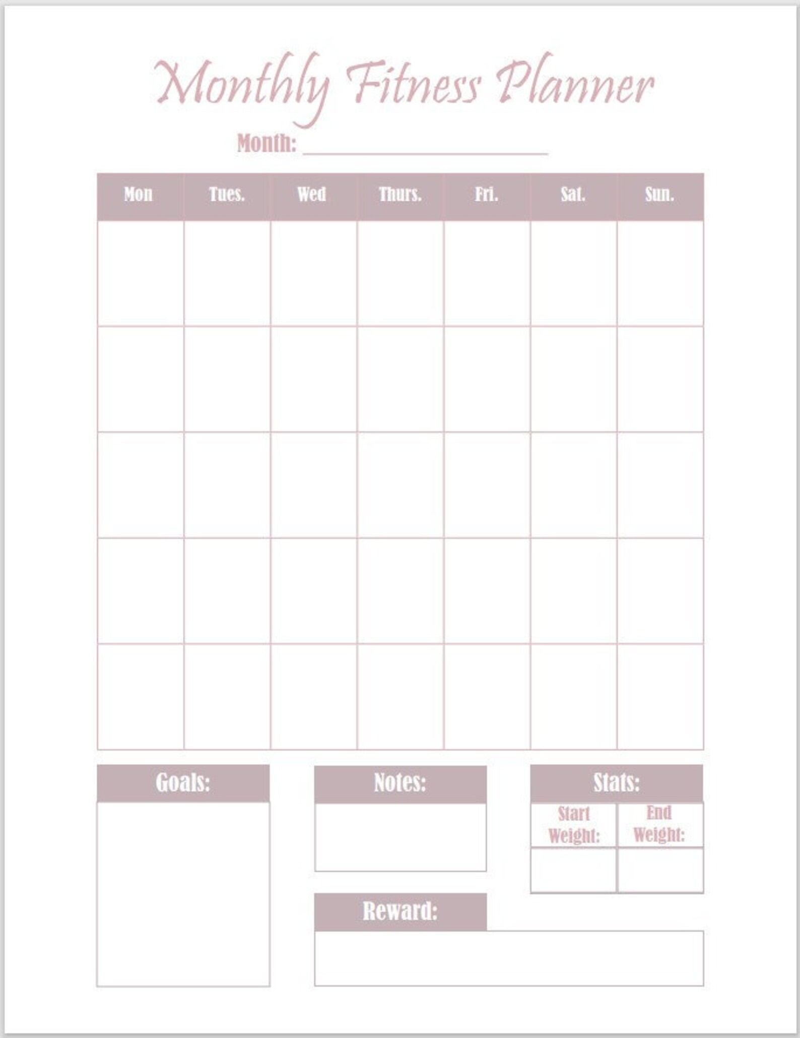 Monthly Fitness Planner PDF Download Etsy UK