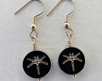 Silver dragonfly on black enamel dangle earrings