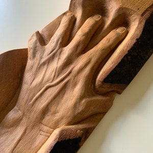 Wood Sculpture / Wall Art of Carved Hand in Tree Trunk