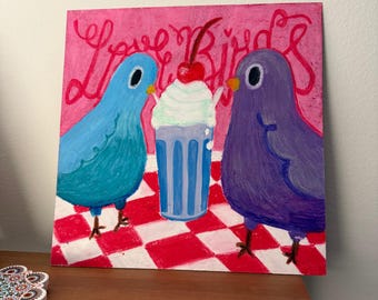 Dipinto originale di uccelli innamorati - Tecnica mista, acrilico, olio, pastello (30 x 30 cm)