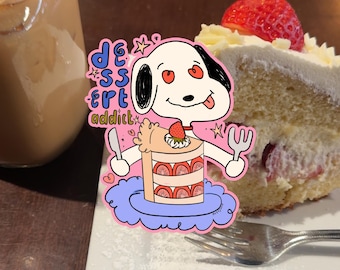 Adesivo olografico Snoopy Dessert Addict / Decalcomania in vinile per laptop, agenda, bottiglia d'acqua